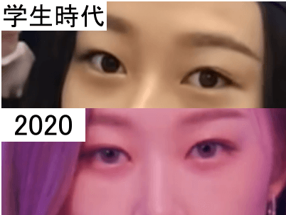 学生時代（上）と2020年（下）のジゼルの目元比較