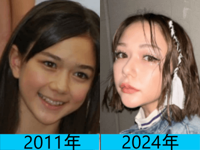 デビューした2021年（画像左）と2024年（画像右）で村重杏奈さんの顔の変化を比較している画像