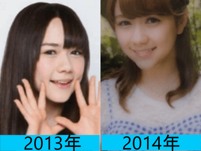 2013年（画像左）と2014年（画像右）で村重杏奈さんの顔の変化を比較している画像