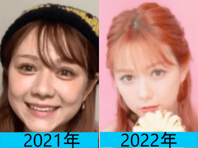 2021年（画像左）と2022年（画像右）で村重杏奈さんの顔の変化を比較している画像