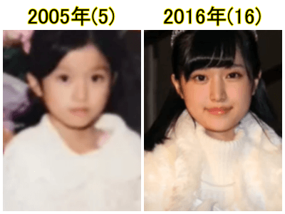 2005年（左）と2016年の福本莉子の比較