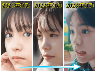 2021年から2023年の當真あみの鼻比較